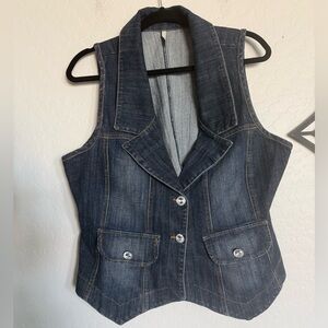 Dark Wash Denim Vest – Y2K Western Tailored Jean Waistcoat – Size 1X